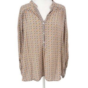 Max Studio Women’s Blouse L Boho Floral Geometric Print Top Rayon Long Sleeve